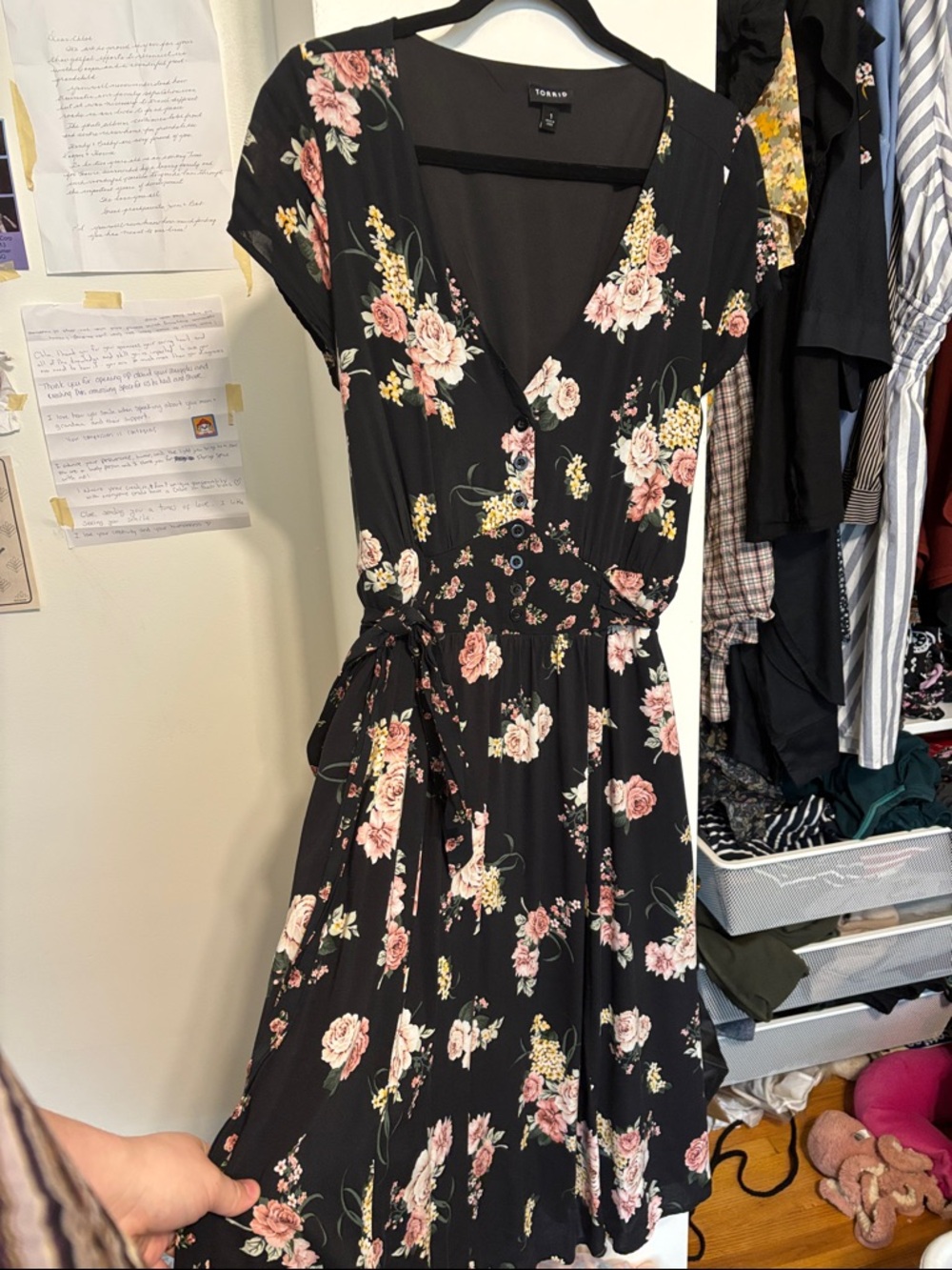 torrid Black Floral Midi Wrap Dress with Pink & Cream Roses